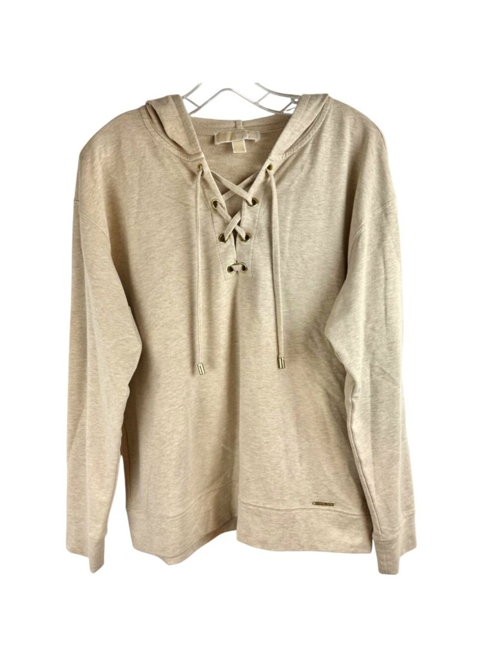 Michael Kors Beige Lace Up Pullover Hoodie Sweatshirt L Gold Tone Accents VGUC